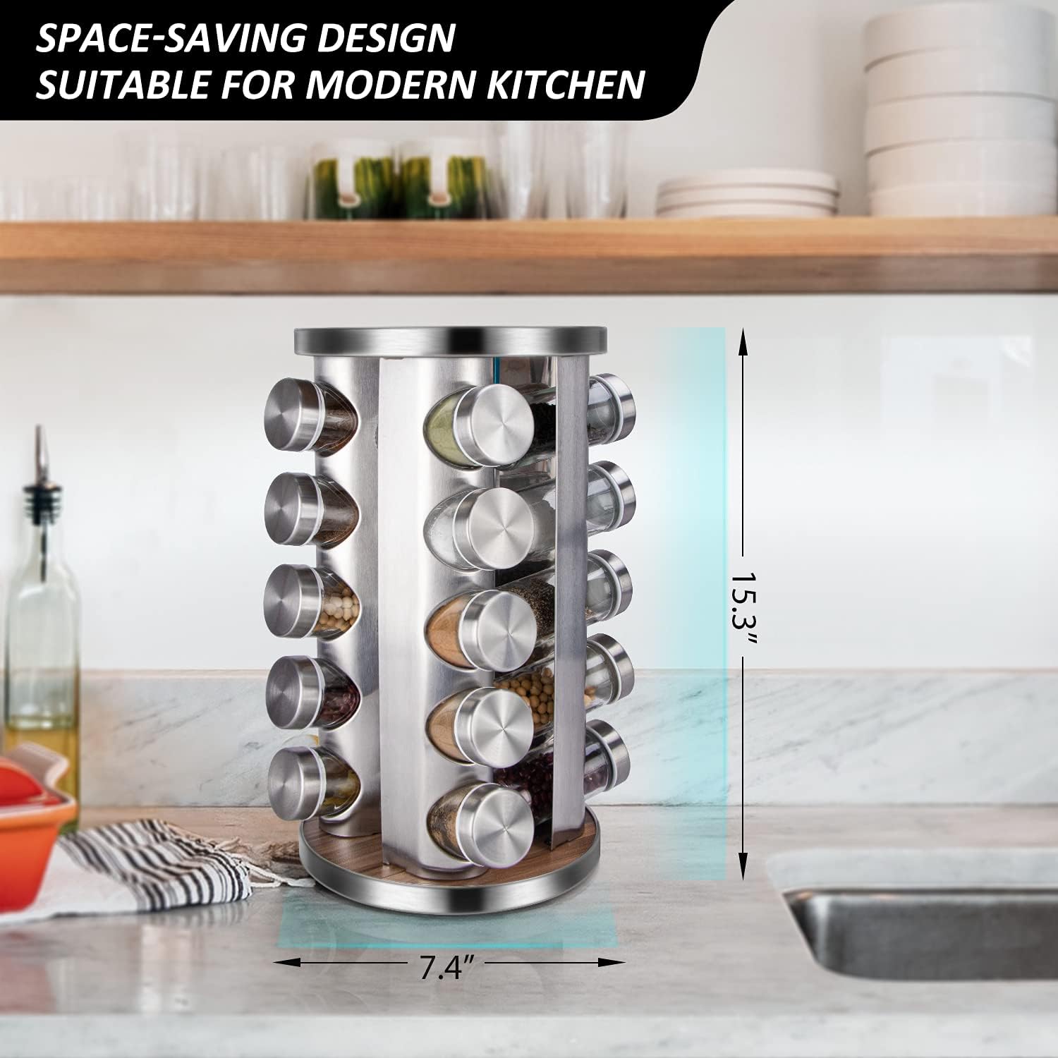 20pcs Rotating Spice Rack Organizer with Jars(20Pcs), Seasoning Organizer for Cabinet, Kitchen Spice Racks for Countertop, Revolving Stainless Steel Spice Organizer